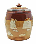 1900 Antique Victorian Era Pottery Doulton Lambeth harvest ware Barrel Shaped Tobacco Jar Smoking Scene Ceramic Sterling Silver Topped Rim London Hallmarks