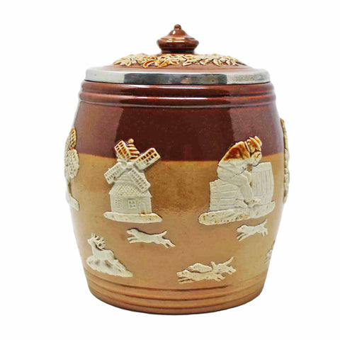 1900 Antique Victorian Era Pottery Doulton Lambeth harvest ware Barrel Shaped Tobacco Jar Smoking Scene Ceramic Sterling Silver Topped Rim London Hallmarks
