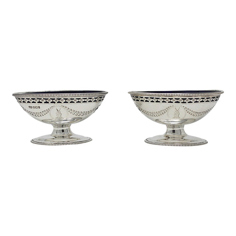 1901 Antique Victorian Era Pair Sterling Silver Salt Cellars with Blue Glass Liners Silversmith Harry Atkin / Atkin Bros Sheffield Hallmarks