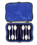 1901 Antique Victorian Era Set Six Sterling Silver Tea Spoons and Sugar Tongs Silversmith Sutherland & Roden (George Guirren Rhoden) Sheffield Hallmarks