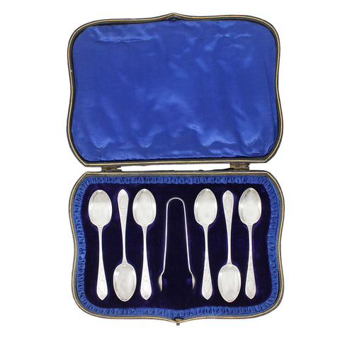 1901 Antique Victorian Era Set Six Sterling Silver Tea Spoons and Sugar Tongs Silversmith Sutherland & Roden (George Guirren Rhoden) Sheffield Hallmarks