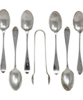 1901 Antique Victorian Era Set Six Sterling Silver Tea Spoons and Sugar Tongs Silversmith Sutherland & Roden (George Guirren Rhoden) Sheffield Hallmarks
