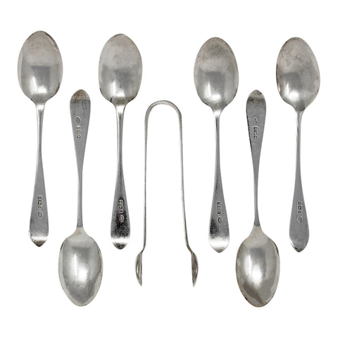 1901 Antique Victorian Era Set Six Sterling Silver Tea Spoons and Sugar Tongs Silversmith Sutherland & Roden (George Guirren Rhoden) Sheffield Hallmarks