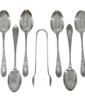1901 Antique Victorian Era Set Six Sterling Silver Tea Spoons and Sugar Tongs Silversmith Sutherland & Roden (George Guirren Rhoden) Sheffield Hallmarks