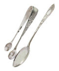 1901 Antique Victorian Era Set Six Sterling Silver Tea Spoons and Sugar Tongs Silversmith Sutherland & Roden (George Guirren Rhoden) Sheffield Hallmarks