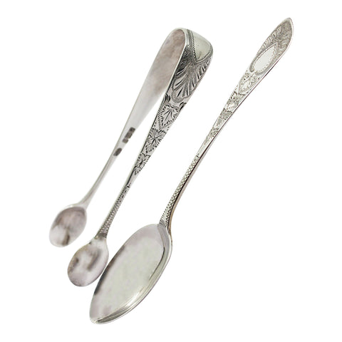 1901 Antique Victorian Era Set Six Sterling Silver Tea Spoons and Sugar Tongs Silversmith Sutherland & Roden (George Guirren Rhoden) Sheffield Hallmarks