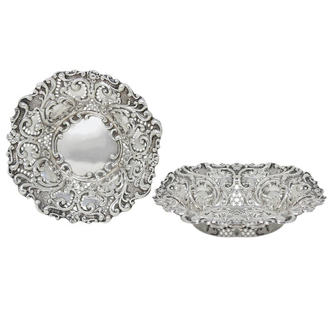 1901 Antique Victorian Era Set Two Sterling Silver Pierced Bon Bon Dishes Silversmith William Hutton & Sons Ltd Birmingham Hallmarks