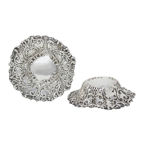 1901 Antique Victorian Era Set Two Sterling Silver Pierced Bon Bon Dishes Silversmith William Hutton & Sons Ltd Birmingham Hallmarks
