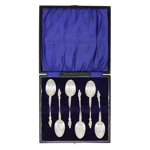 1901 Antique Victorian Era Sterling Silver Apostle Set Six Tea Spoons with original Case Silversmith William Hutton & Sons Ltd London Hallmarks