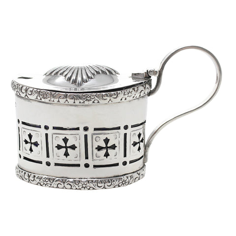1901 Antique Victorian Era Sterling Silver Cross Pierced Mustard Pot with Blue Glass Liner Silversmiths Reynolds & Westwood Birmingham Hallmarks