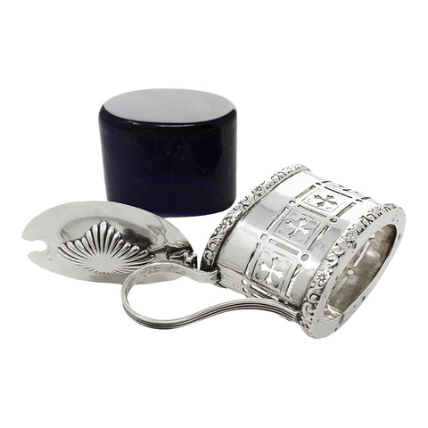 1901 Antique Victorian Era Sterling Silver Cross Pierced Mustard Pot with Blue Glass Liner Silversmiths Reynolds & Westwood Birmingham Hallmarks