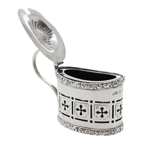 1901 Antique Victorian Era Sterling Silver Cross Pierced Mustard Pot with Blue Glass Liner Silversmiths Reynolds & Westwood Birmingham Hallmarks
