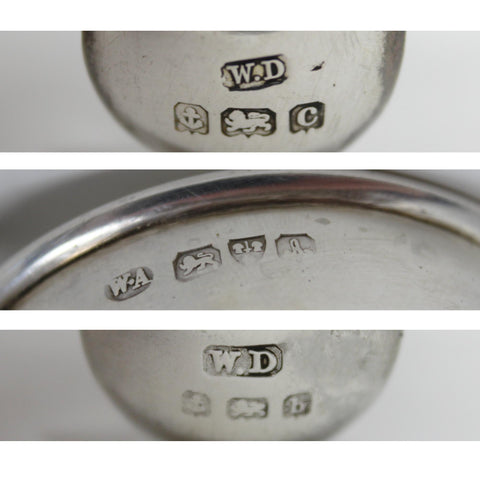 1901 Antique Victorian Era Sterling Silver Two Salt Pots and Two Spoons with Original Case Silversmith William Aitken Chester Hallmarks