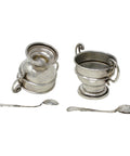 1901 Antique Victorian Era Sterling Silver Two Salt Pots and Two Spoons with Original Case Silversmith William Aitken Chester Hallmarks