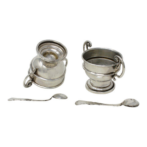 1901 Antique Victorian Era Sterling Silver Two Salt Pots and Two Spoons with Original Case Silversmith William Aitken Chester Hallmarks