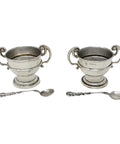 1901 Antique Victorian Era Sterling Silver Two Salt Pots and Two Spoons with Original Case Silversmith William Aitken Chester Hallmarks