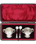 1901 Antique Victorian Era Sterling Silver Two Salt Pots and Two Spoons with Original Case Silversmith William Aitken Chester Hallmarks