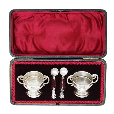 1901 Antique Victorian Era Sterling Silver Two Salt Pots and Two Spoons with Original Case Silversmith William Aitken Chester Hallmarks