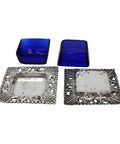 1902 Antique Edwardian Era Square Form Pair Sterling Silver Salts with Blue Glass Liners Silversmiths Smith & Bartlam Birmingham Hallmarks