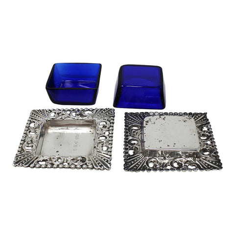 1902 Antique Edwardian Era Square Form Pair Sterling Silver Salts with Blue Glass Liners Silversmiths Smith & Bartlam Birmingham Hallmarks