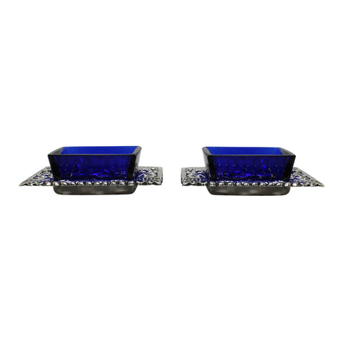 1902 Antique Edwardian Era Square Form Pair Sterling Silver Salts with Blue Glass Liners Silversmiths Smith & Bartlam Birmingham Hallmarks
