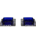 1902 Antique Edwardian Era Square Form Pair Sterling Silver Salts with Blue Glass Liners Silversmiths Smith & Bartlam Birmingham Hallmarks