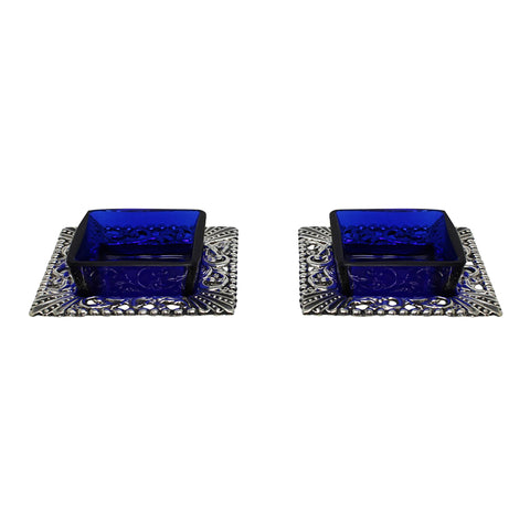 1902 Antique Edwardian Era Square Form Pair Sterling Silver Salts with Blue Glass Liners Silversmiths Smith & Bartlam Birmingham Hallmarks