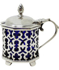 1902 Antique Edwardian Era Sterling Silver Pierced Mustard Pot with Blue Glass Liner Silversmiths S Blanckensee & Son Ltd Birmingham Hallmarks
