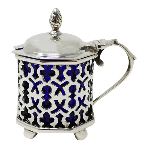 1902 Antique Edwardian Era Sterling Silver Pierced Mustard Pot with Blue Glass Liner Silversmiths S Blanckensee & Son Ltd Birmingham Hallmarks