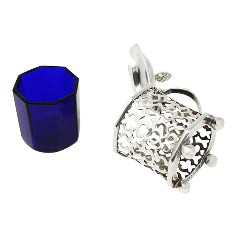 1902 Antique Edwardian Era Sterling Silver Pierced Mustard Pot with Blue Glass Liner Silversmiths S Blanckensee & Son Ltd Birmingham Hallmarks
