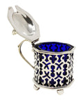 1902 Antique Edwardian Era Sterling Silver Pierced Mustard Pot with Blue Glass Liner Silversmiths S Blanckensee & Son Ltd Birmingham Hallmarks