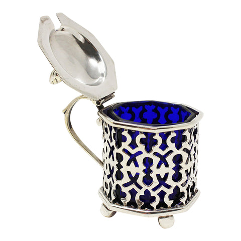 1902 Antique Edwardian Era Sterling Silver Pierced Mustard Pot with Blue Glass Liner Silversmiths S Blanckensee & Son Ltd Birmingham Hallmarks