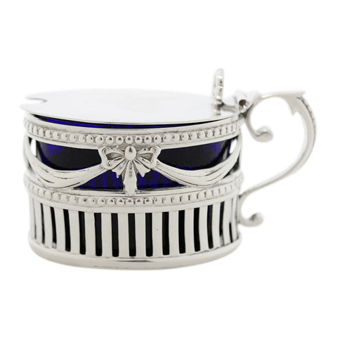 1902 Antique Edwardian Era Sterling Silver Pierced Mustard Pot with Blue Glass Liner William Hutton & Sons Ltd London Hallmarks