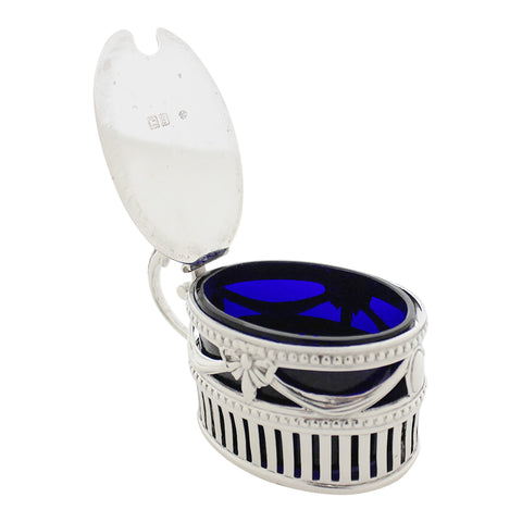 1902 Antique Edwardian Era Sterling Silver Pierced Mustard Pot with Blue Glass Liner William Hutton & Sons Ltd London Hallmarks