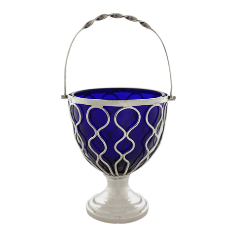 1902 Antique Edwardian Era Sterling Silver Sugar Basket with Blue Glass Liner Silversmith Maurice Freeman London Hallmarks