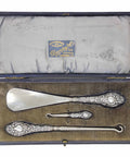 1903 Antique Edwardian Era Sterling Silver Handles Shoe horn and 2 Button hooks with original Case Silversmith W J Myatt & Co Birmingham Hallmarks