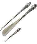 1903 Antique Edwardian Era Sterling Silver Handles Shoe horn and 2 Button hooks with original Case Silversmith W J Myatt & Co Birmingham Hallmarks