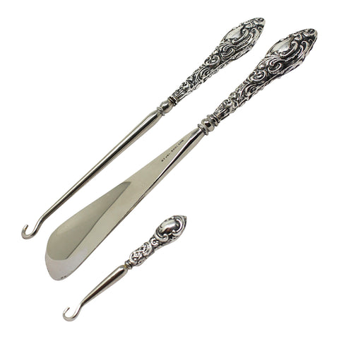 1903 Antique Edwardian Era Sterling Silver Handles Shoe horn and 2 Button hooks with original Case Silversmith W J Myatt & Co Birmingham Hallmarks