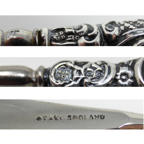 1903 Antique Edwardian Era Sterling Silver Handles Shoe horn and 2 Button hooks with original Case Silversmith W J Myatt & Co Birmingham Hallmarks