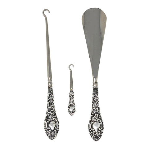 1903 Antique Edwardian Era Sterling Silver Handles Shoe horn and 2 Button hooks with original Case Silversmith W J Myatt & Co Birmingham Hallmarks