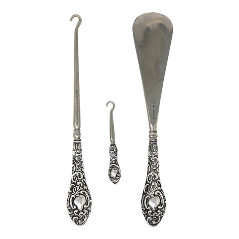 1903 Antique Edwardian Era Sterling Silver Handles Shoe horn and 2 Button hooks with original Case Silversmith W J Myatt & Co Birmingham Hallmarks