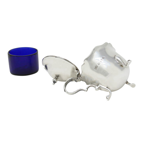 1903 Antique Edwardian Era Sterling Silver Mustard Pot with Blue Glass Liner Silversmiths Robert Pringle & Sons Birmingham Hallmarks