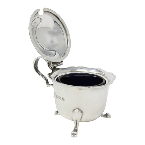 1903 Antique Edwardian Era Sterling Silver Mustard Pot with Blue Glass Liner Silversmiths Robert Pringle & Sons Birmingham Hallmarks