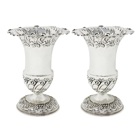 1903 Antique Edwardian Era Sterling Silver Pair of Vases Silversmiths Fenton Brothers Ltd Sheffield Hallmarks