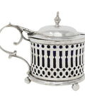 1903 Antique Edwardian Era Sterling Silver Pierced Mustard Pot with Blue Glass Liner Silversmiths Reynolds & Westwood Birmingham Hallmarks