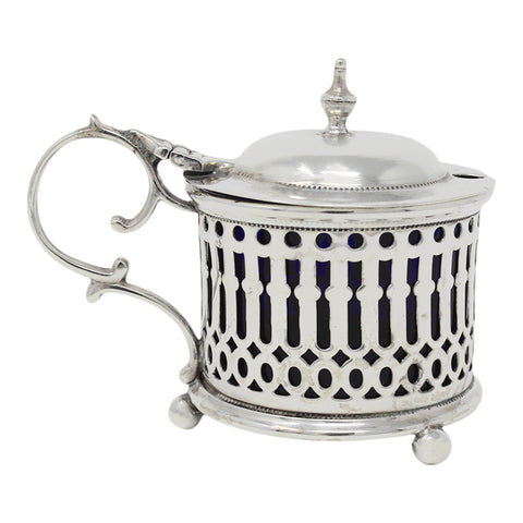1903 Antique Edwardian Era Sterling Silver Pierced Mustard Pot with Blue Glass Liner Silversmiths Reynolds & Westwood Birmingham Hallmarks