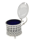 1903 Antique Edwardian Era Sterling Silver Pierced Mustard Pot with Blue Glass Liner Silversmiths Reynolds & Westwood Birmingham Hallmarks