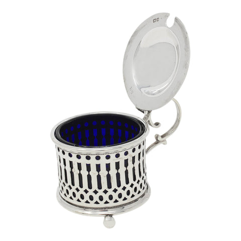 1903 Antique Edwardian Era Sterling Silver Pierced Mustard Pot with Blue Glass Liner Silversmiths Reynolds & Westwood Birmingham Hallmarks