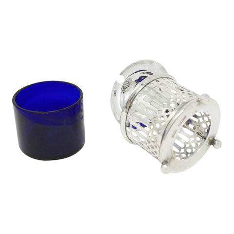 1903 Antique Edwardian Era Sterling Silver Pierced Mustard Pot with Blue Glass Liner Silversmiths Reynolds & Westwood Birmingham Hallmarks