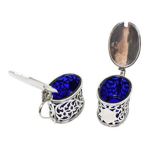 1904 - 1905 Antique Edwardian Era Pair Sterling Silver Mustard pots with pierced sides Silversmith Martin, Hall & Co (Richard Martin & Ebenezer Hall) and Marples & Co Birmingham Hallmarks